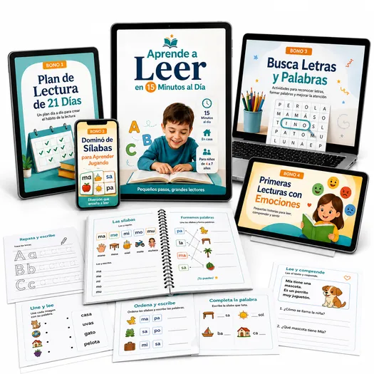 Mockup del kit Aprende a Leer en 15 Minutos al Día